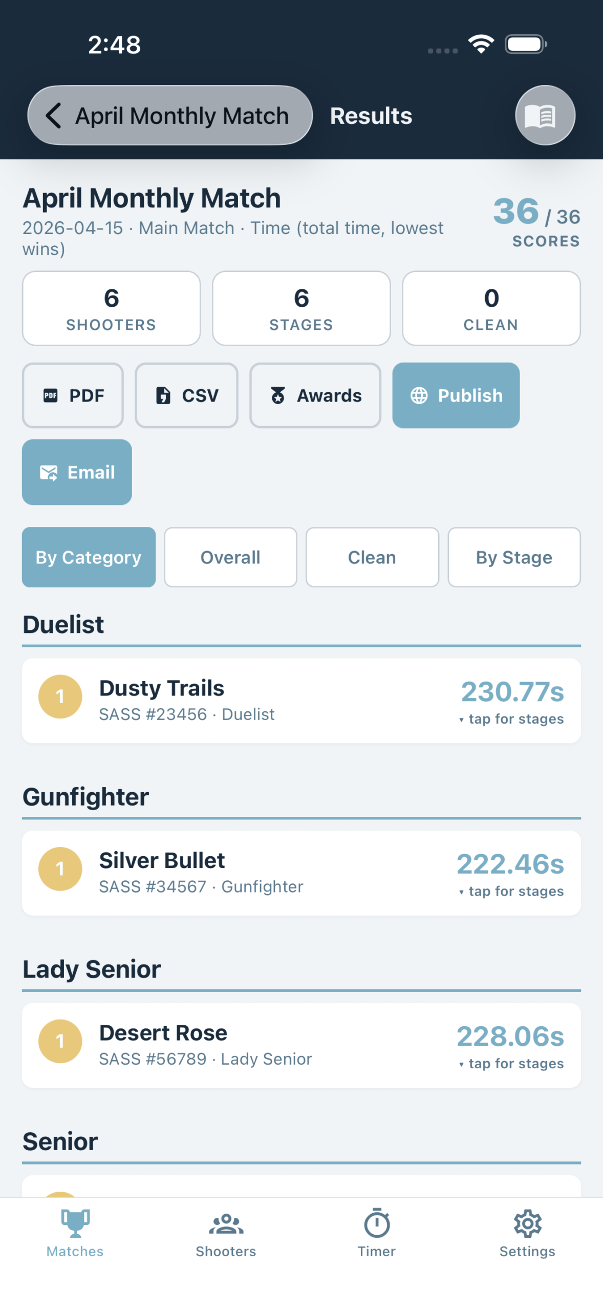 Match results screen with category leaders and publish actions