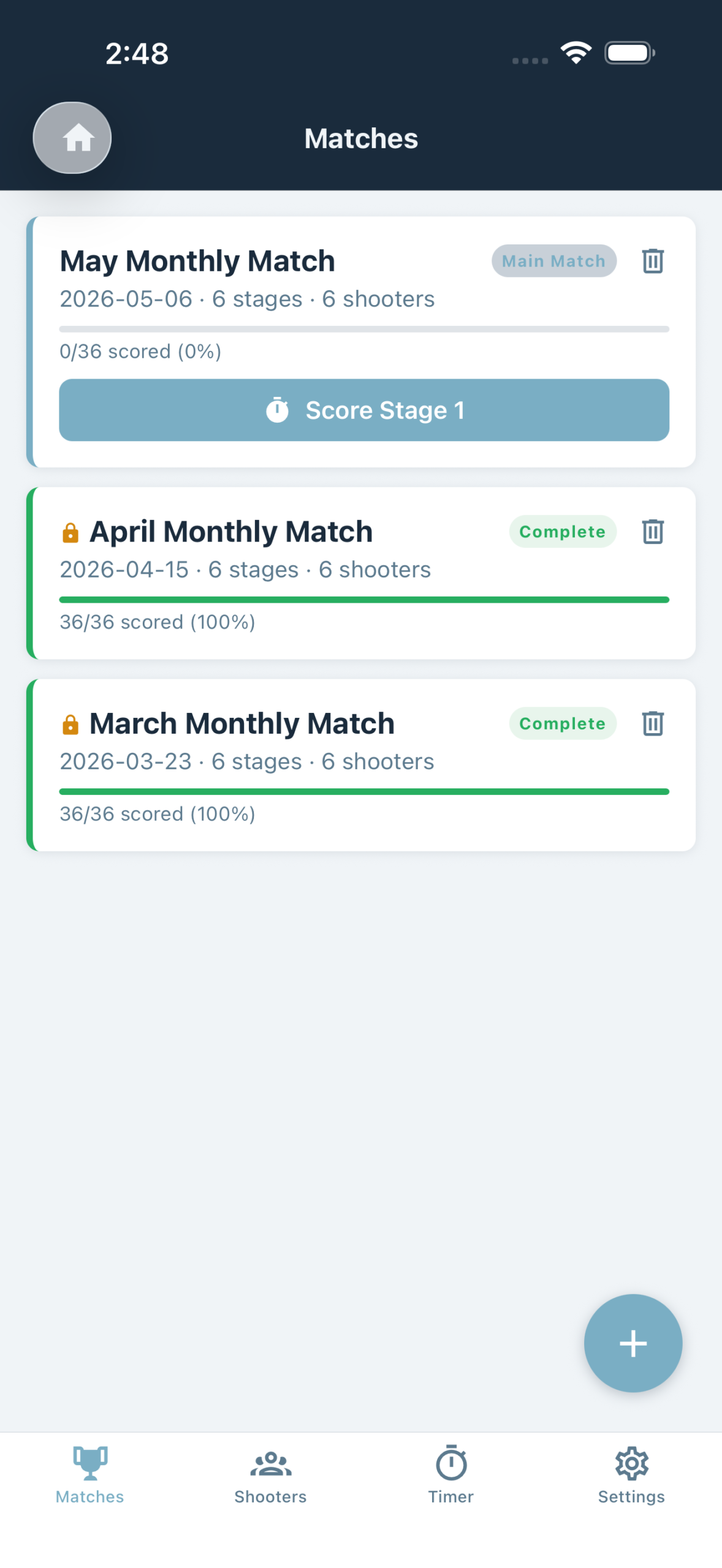 Snapshot Scoring match list with upcoming and completed matches