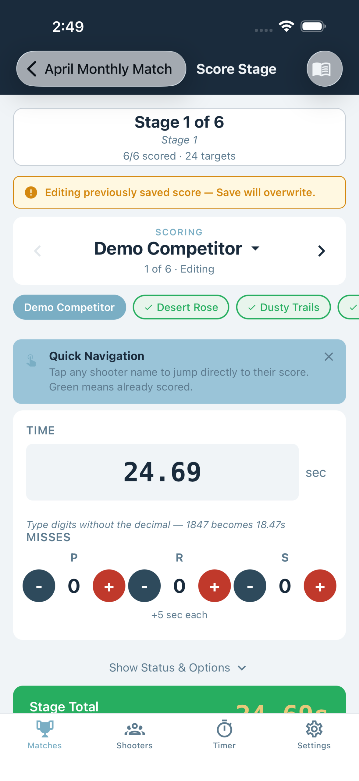 Live stage scoring with shooter pills, BLE-synced time, and miss steppers